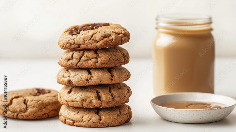 tahini as a butter alternative: a clean, minimalist photograph of a stack of rustic cookies displayed from the front, accompanied by a jar of tahini and a drizzle on a small plate on the side tahini as a butter alternative: a clean, minimalist photograph of a stack of rustic cookies displayed from the front, accompanied by a jar of tahini and a drizzle on a small plate on the side