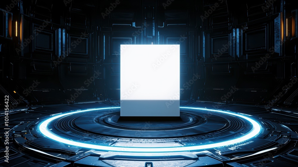 A futuristic, illuminated white cube placed in a high-tech circular environment with glowing accents, evoking innovation and modern design. A futuristic, illuminated white cube placed in a high-tech circular environment with glowing accents, evoking innovation and modern design.