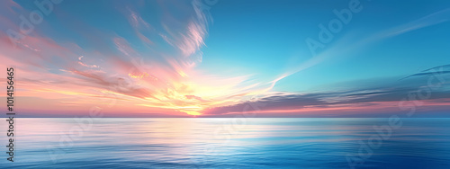 A breathtaking sunset over calm ocean waters, showcasing vibrant hues of orange, pink, and blue in a serene and tranquil landscape.