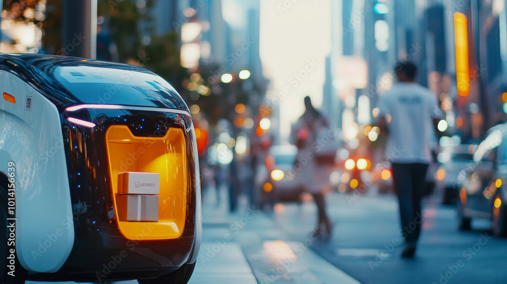 close up photo of futuristic delivery robot on busy city street, showcasing its sleek design and illuminated features. urban environment is bustling with pedestrians and traffic, creating vibrant close up photo of futuristic delivery robot on busy city street, showcasing its sleek design and illuminated features. urban environment is bustling with pedestrians and traffic, creating vibrant