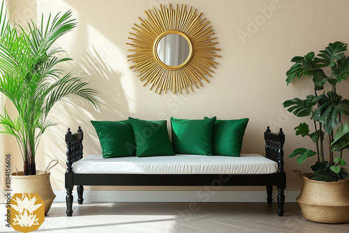 stylish indoor seating area featuring a black wooden daybed with white cushions and green accent pillows, flanked by large potted palm plants photo