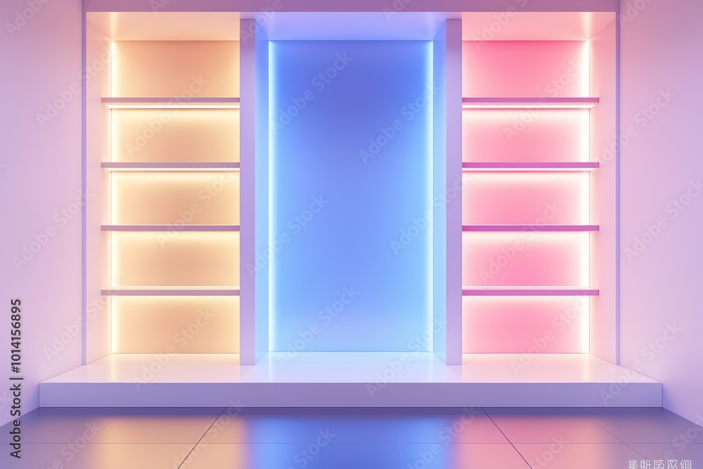 A modern display shelf with vibrant neon lighting, featuring colorful shelves against a minimalistic background that adds depth and ambiance. A modern display shelf with vibrant neon lighting, featuring colorful shelves against a minimalistic background that adds depth and ambiance.