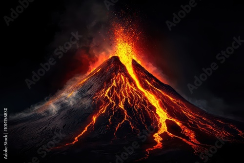 A majestic volcanic eruption seen against a dark backdrop, showcasing red-hot lava flowing down the mountain and ash billowing into the sky.