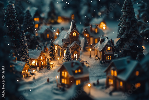 mini landscape of a gingerbread magical town, Christmas atmosphere, with snow, blue, war tones