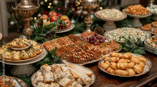 A lavish holiday feast table with a variety of delicious savory and sweet dishes including pastries, breads, fruits, and appetizers, beautifully decorated with festive ornaments