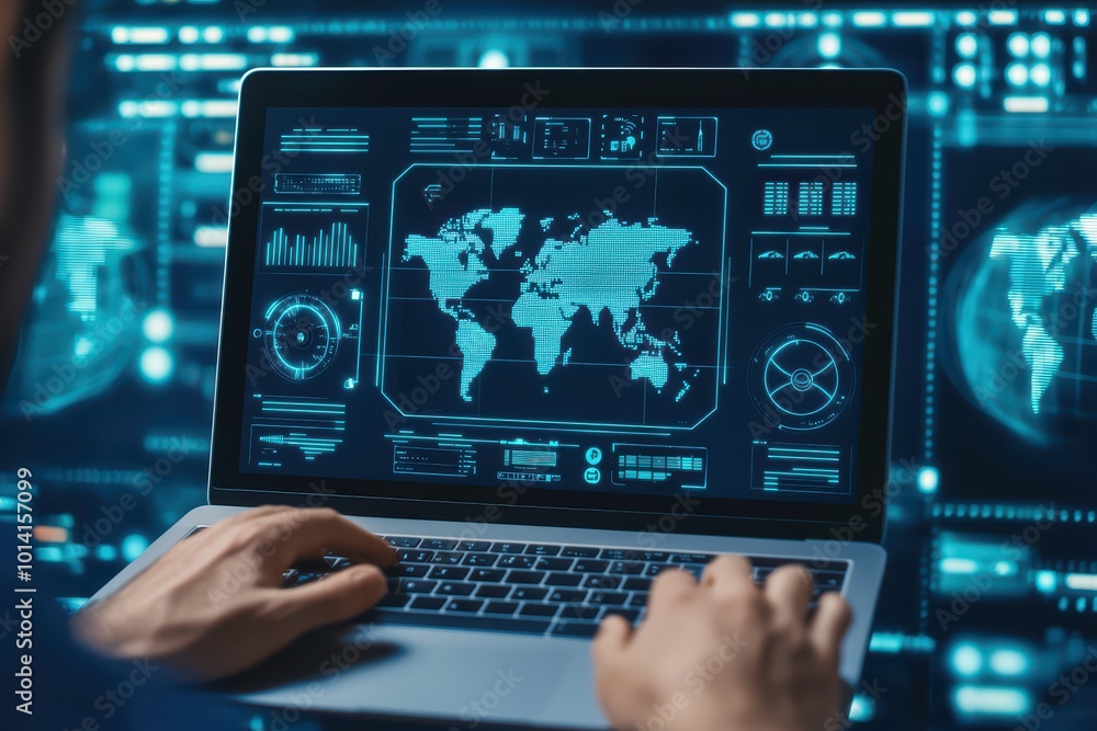 A person using a laptop with a digital world map on the screen, surrounded by advanced technology graphics and data visualizations. A person using a laptop with a digital world map on the screen, surrounded by advanced technology graphics and data visualizations.