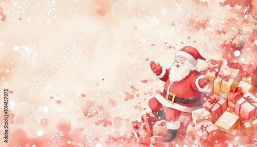 Santa Claus Sitting on Gifts with Snowflakes. photo