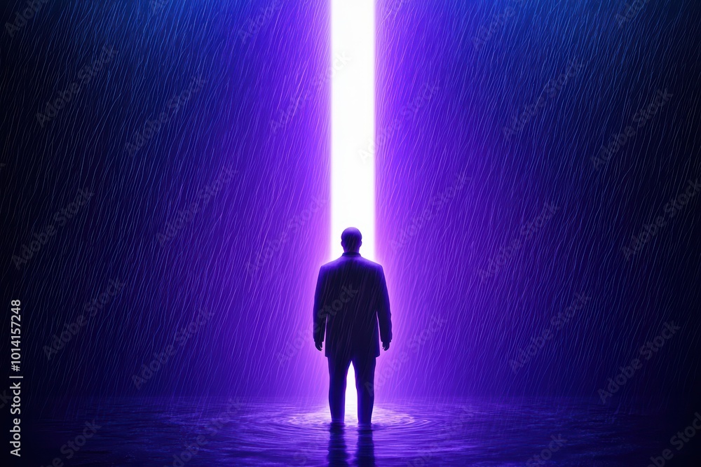 Obraz premium A silhouetted figure stands in a dark setting, illuminated by a beam of vibrant light, evoking a sense of contemplation and mystery.