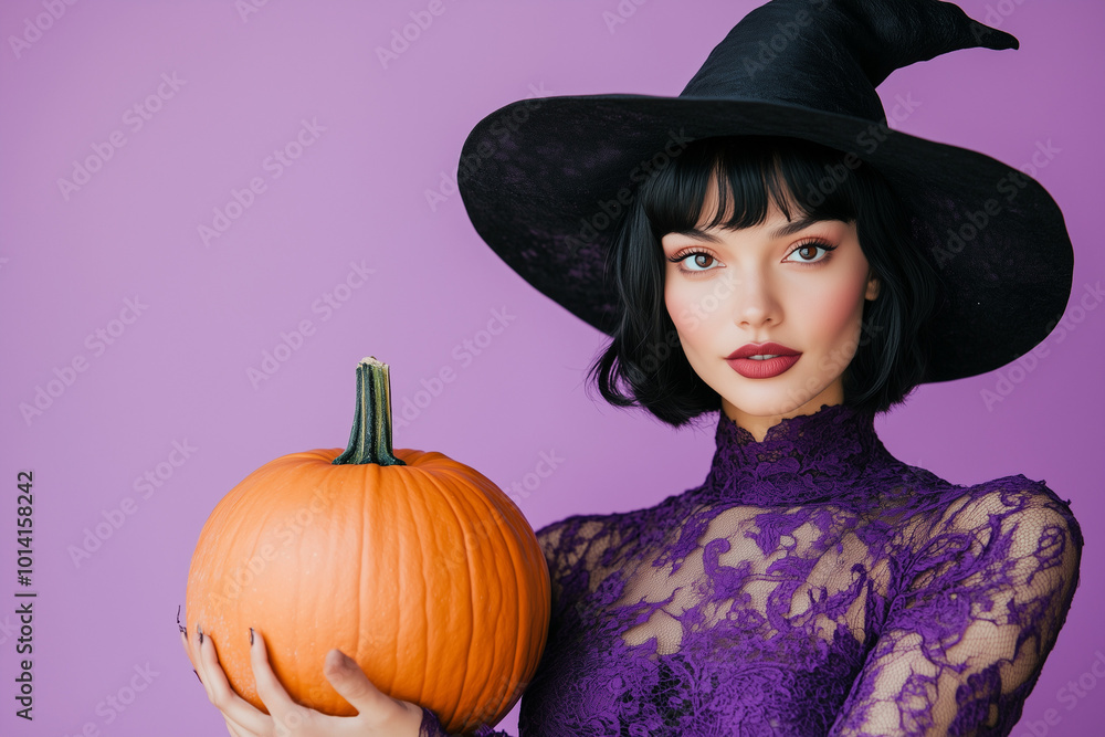 brunette woman facing forward with short bob haircut wearing dark purple dress and dark purple pointy witch hat close up holding a pumpkin, purple background brunette woman facing forward with short bob haircut wearing dark purple dress and dark purple pointy witch hat close up holding a pumpkin, purple background