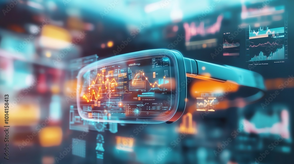 Business analyst in a suit analyzing virtual data with augmented reality glasses, charts floating midair, dark office, Futuristic, digital art Business analyst in a suit analyzing virtual data with augmented reality glasses, charts floating midair, dark office, Futuristic, digital art