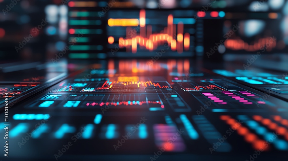 Holographic financial market bars floating above a virtual trading floor, high contrast neon colors, Modern, 3D render, sharp focus Holographic financial market bars floating above a virtual trading floor, high contrast neon colors, Modern, 3D render, sharp focus