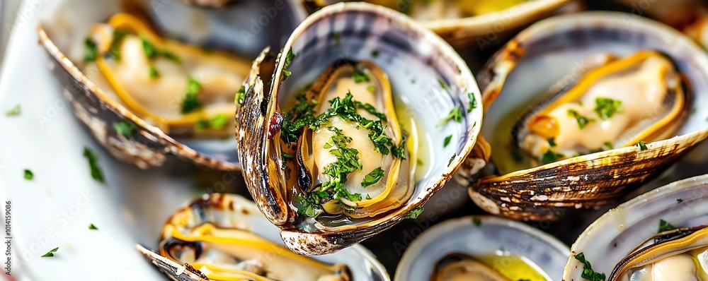 Delicious cooked clams with herbs and garlic butter, beautifully arranged on a plate, perfect for seafood lovers and gourmet dining. Delicious cooked clams with herbs and garlic butter, beautifully arranged on a plate, perfect for seafood lovers and gourmet dining.