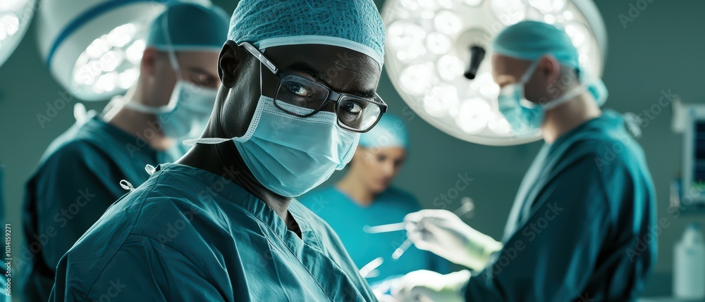 Surgeons performing a complex operation in a modern operating room, showcasing teamwork and precision in the medical field. Surgeons performing a complex operation in a modern operating room, showcasing teamwork and precision in the medical field.