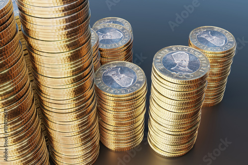 Close-up of a group of five Turkish lira coins. 3D rendering illustration. photo