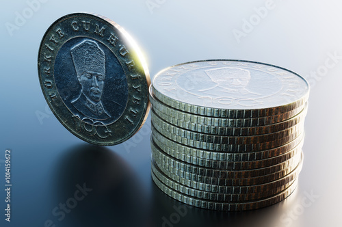 Close-up of a group of five Turkish lira coins. 3D rendering illustration. photo