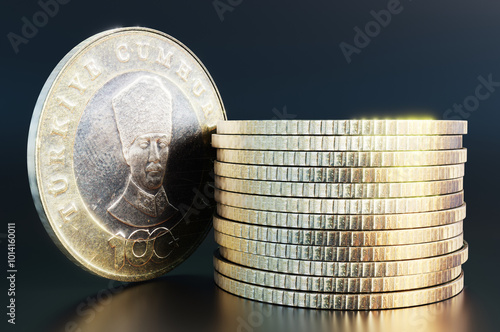 Close-up of a group of five Turkish lira coins. 3D rendering illustration. photo