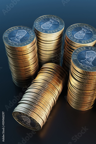 Close-up of a group of five Turkish lira coins. 3D rendering illustration. photo