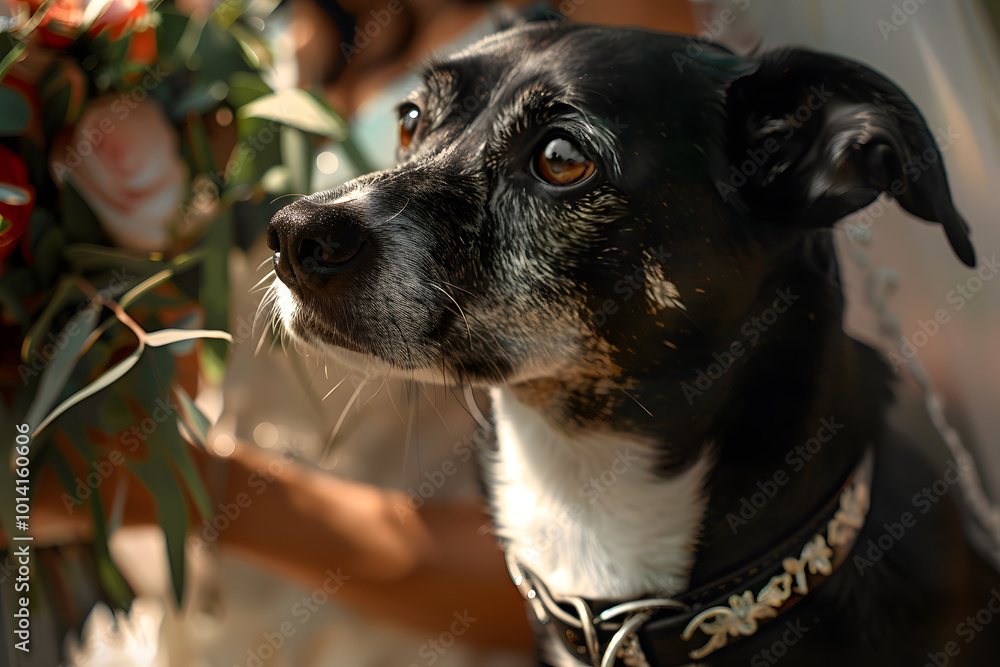 A curious black and white dog gazes up, adorned with a collar, while a floral bouquet is held in the background. A curious black and white dog gazes up, adorned with a collar, while a floral bouquet is held in the background.