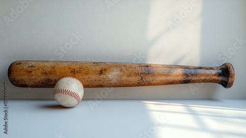 A wooden baseball bat rests beside a baseball on a surface. photo