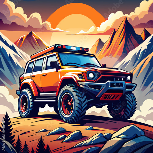 Vector Mountain Off-Road modern car t shirt design	 photo