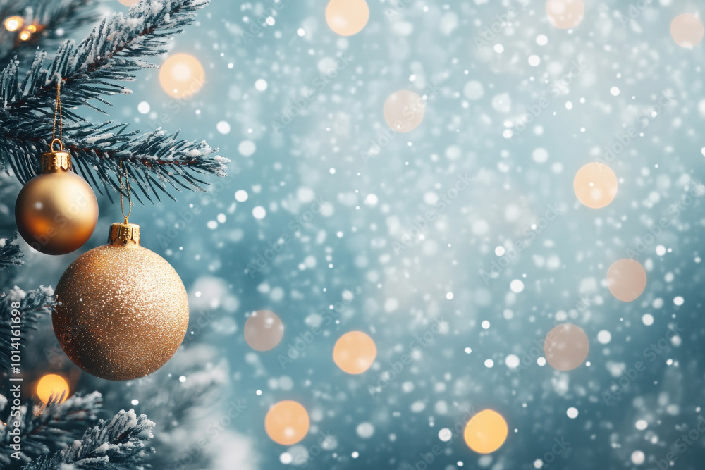 Golden Christmas ornaments hanging from a snow-covered tree branch, with snowflakes falling in the background. Festive and bright winter holiday atmosphere. Golden Christmas ornaments hanging from a snow-covered tree branch, with snowflakes falling in the background. Festive and bright winter holiday atmosphere.