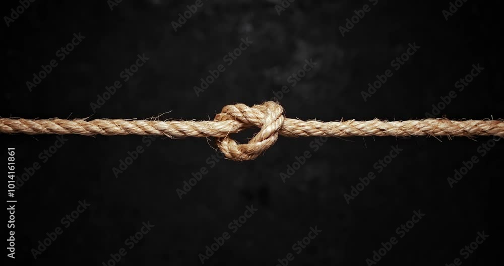 Rough twine rope slowing pulled into a tight center knot.