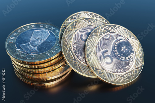 Close-up of a group of five Turkish lira coins. 3D rendering illustration. photo