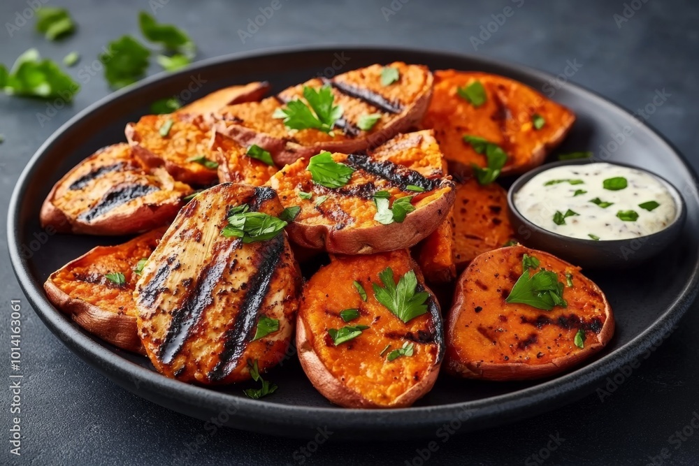 A plate of roasted sweet potatoes with a side of grilled chicken, a nutritious and filling meal option for weight loss A plate of roasted sweet potatoes with a side of grilled chicken, a nutritious and filling meal option for weight loss