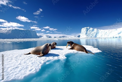 Arctic animals like walruses and seals struggling on melting ice caps, with detailed cracks in the ice and receding glaciers in the background photo