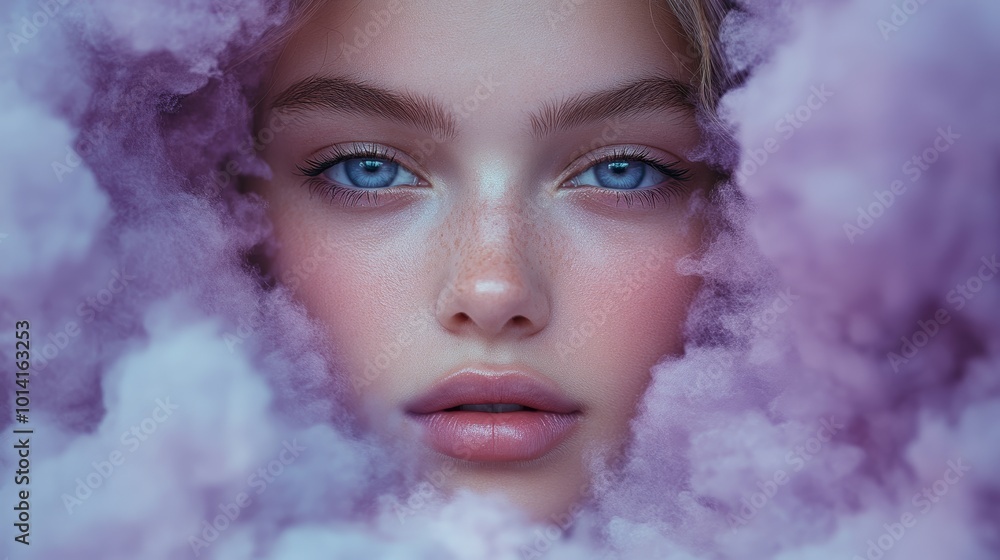 Close-up portrait of a young woman surrounded by pink clouds, ethereal and dreamlike concept Close-up portrait of a young woman surrounded by pink clouds, ethereal and dreamlike concept