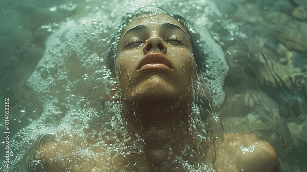 Woman Submerged in Water with Bubbles Woman Submerged in Water with Bubbles