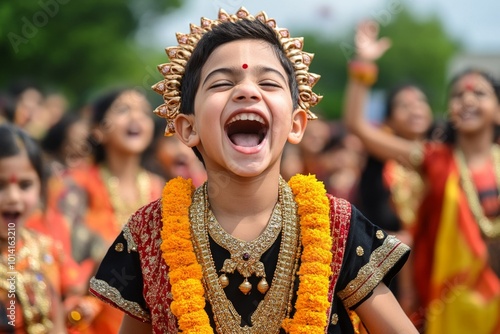 Children dressed in traditional clothing during Durga Puja, participating in the celebration with joyful expressions photo