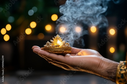 Close-up of a dhunuchi in a priestâ€™s hand during Durga Puja, with smoke swirling in the air as the ritual takes place photo