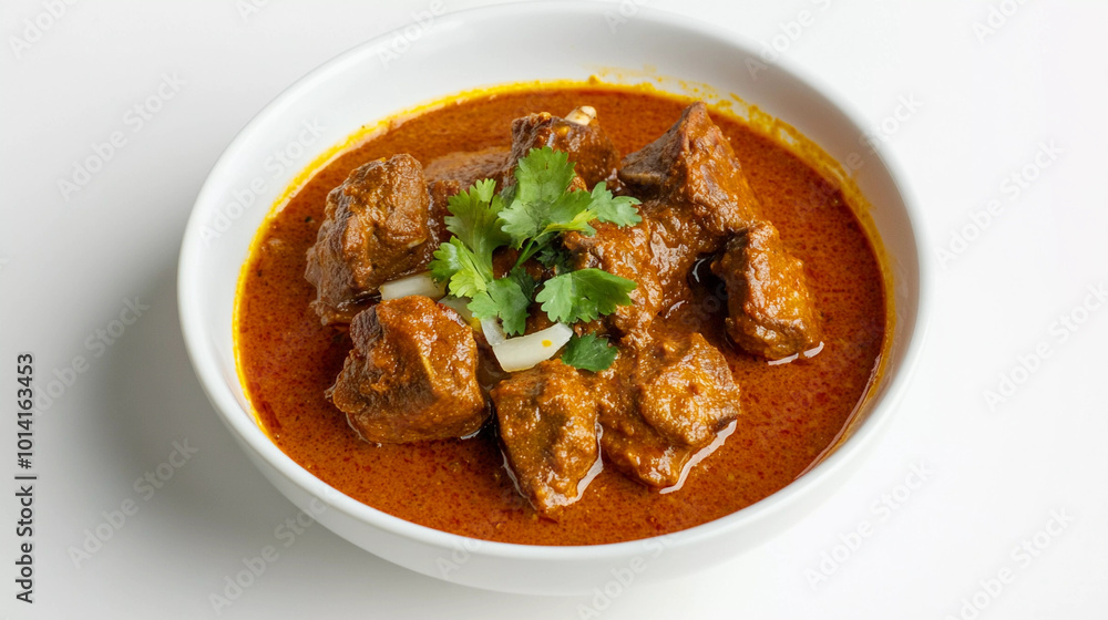Spicy mutton curry in bowl isolated on white background Spicy mutton curry in bowl isolated on white background