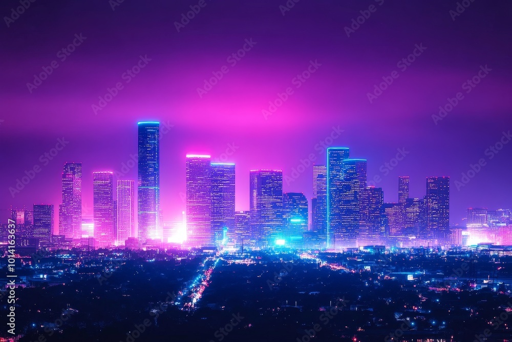 Fototapeta premium Inspirational neon light quote with a city skyline at night, glowing with electric colors, ideal for a bold Facebook post.