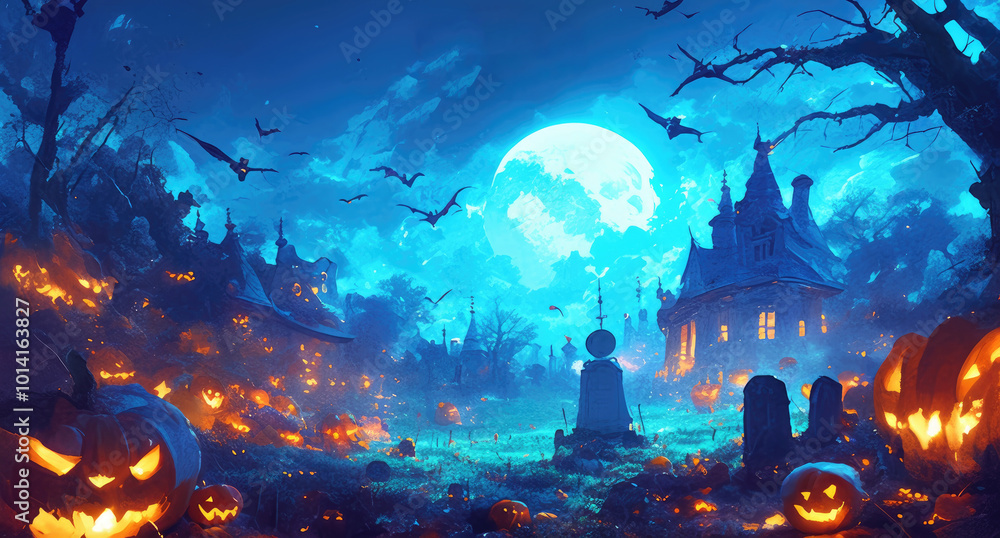 Jack O' Lanterns in a Spooky Graveyard at Night - Halloween Background Jack O' Lanterns in a Spooky Graveyard at Night - Halloween Background
