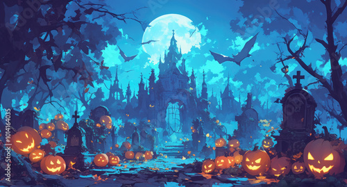 Jack O' Lanterns in a Spooky Graveyard at Night - Halloween Background