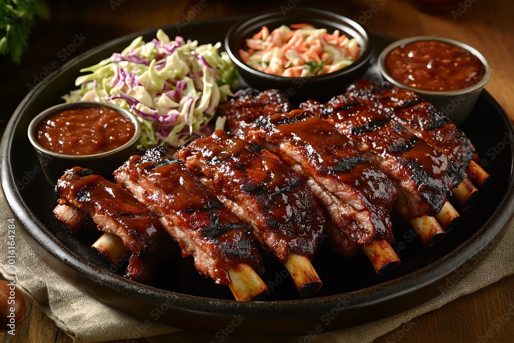 Delicious barbecued ribs served with coleslaw and sauce on a black plate. Perfect for a savory meal or outdoor barbecue feast. Delicious barbecued ribs served with coleslaw and sauce on a black plate. Perfect for a savory meal or outdoor barbecue feast.