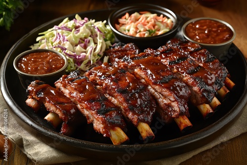 Delicious barbecued ribs served with coleslaw and sauce on a black plate. Perfect for a savory meal or outdoor barbecue feast.