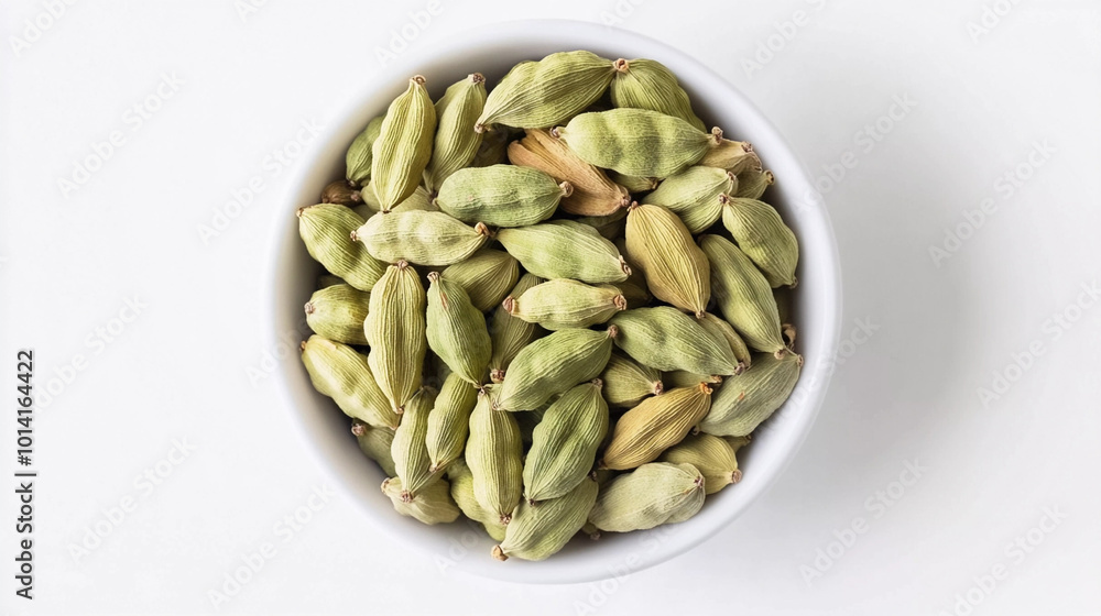 Top view of green cardamom in bowl isolated on white background, elaichi Top view of green cardamom in bowl isolated on white background, elaichi