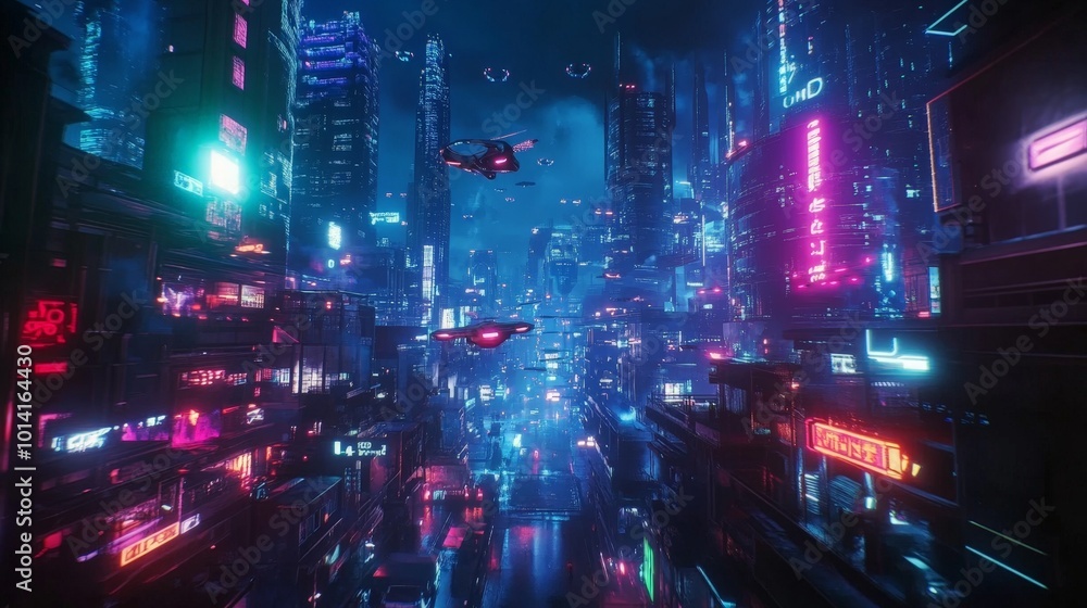 Fototapeta premium Inspirational quote with a futuristic cityscape at night, featuring glowing lights and flying vehicles, perfect for a tech-inspired message.