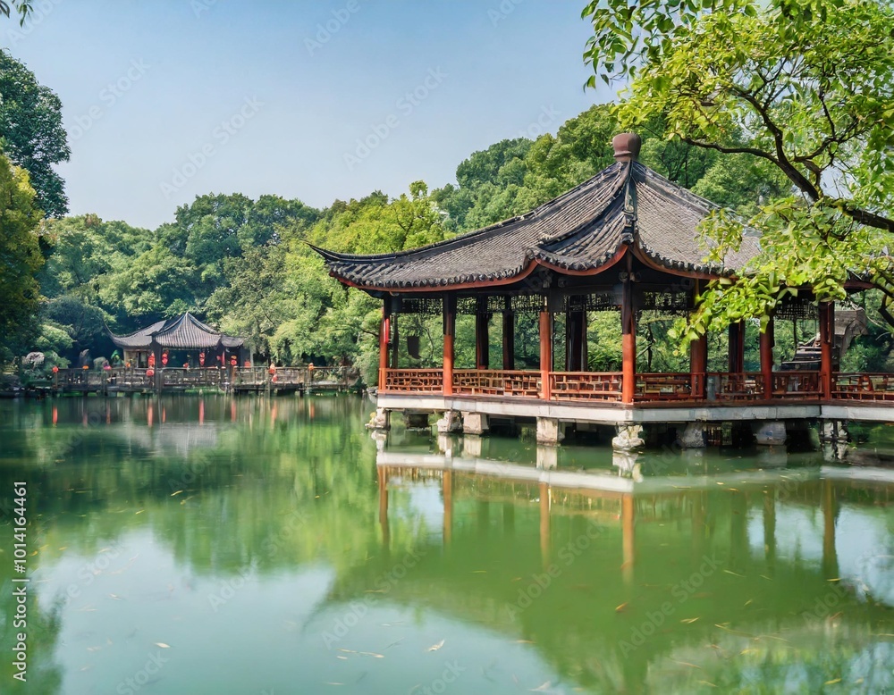 Traditional Chinese Pavilions in Hangzhou’s West Lake Surrounded by Lush Gardens and Reflective Waters, Creating a Serene Cultural Landscape Perfect for Peaceful Meditation and Photography Traditional Chinese Pavilions in Hangzhou’s West Lake Surrounded by Lush Gardens and Reflective Waters, Creating a Serene Cultural Landscape Perfect for Peaceful Meditation and Photography