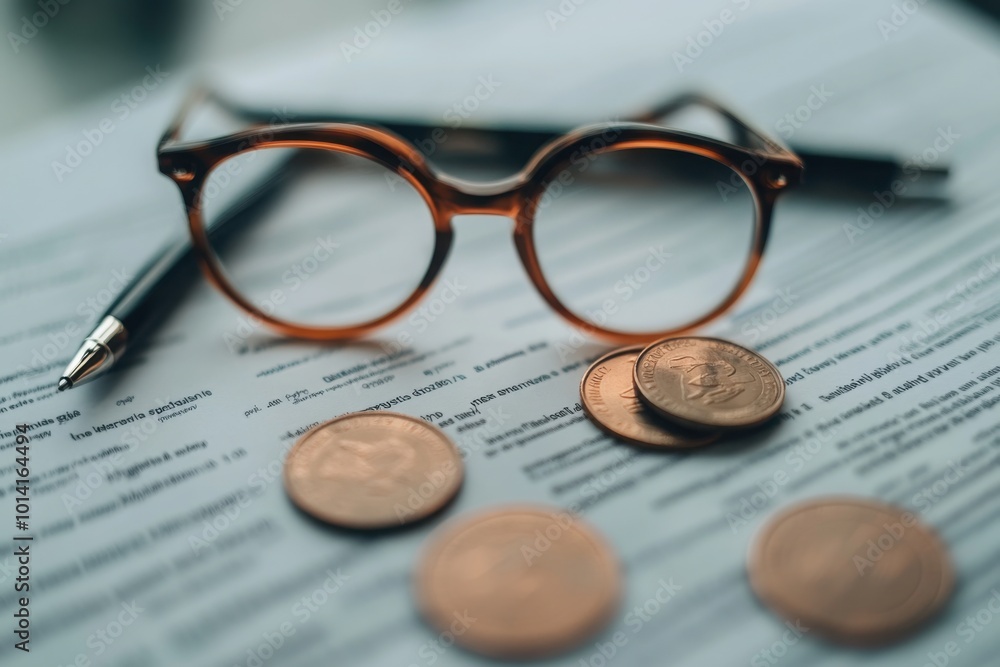 Glasses, coins, and pen on financial documents Glasses, coins, and pen on financial documents