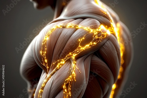 Human skeletal muscles infused with glowing magical energy, as the muscles radiate light and strength in a fantasy world photo