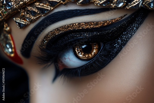 Hyper-realistic close-up of Goddess Durgaâ€™s face, with intricate detailing of her eyes, crown, and ornaments during Durga Puja photo