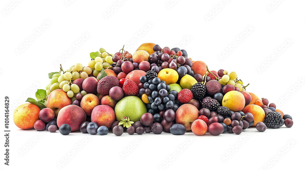 A pile of fruit including apples, oranges, and plums A pile of fruit including apples, oranges, and plums