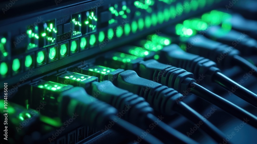 Close-up of network cables plugged into a server rack with green lights. Close-up of network cables plugged into a server rack with green lights.