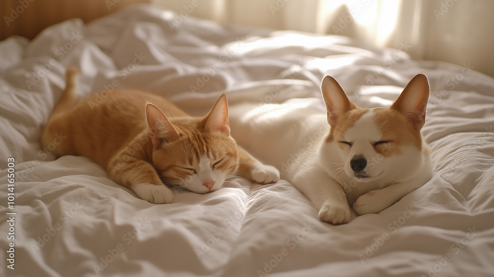 Two cats and a dog are sleeping on a bed