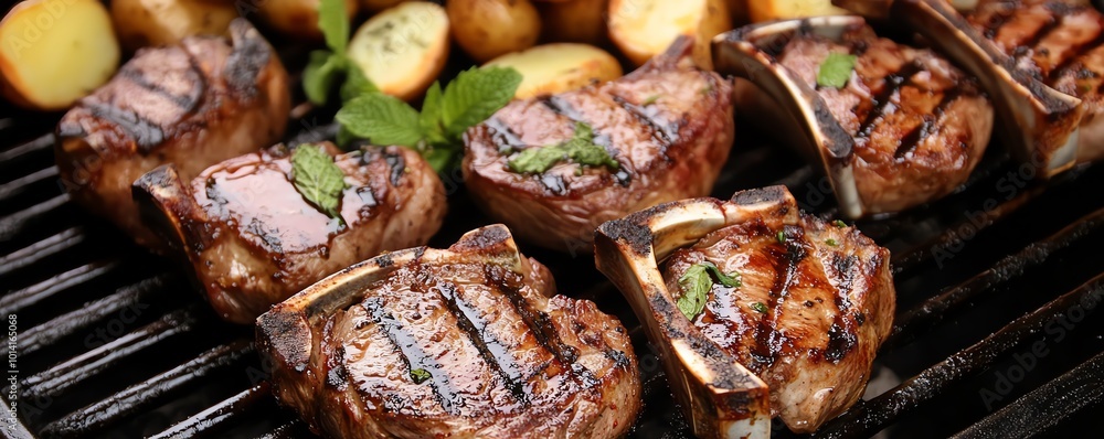 Juicy grilled lamb chops seasoned with herbs served alongside roasted potatoes on a barbecue grill. Perfect for a gourmet meal experience. Juicy grilled lamb chops seasoned with herbs served alongside roasted potatoes on a barbecue grill. Perfect for a gourmet meal experience.