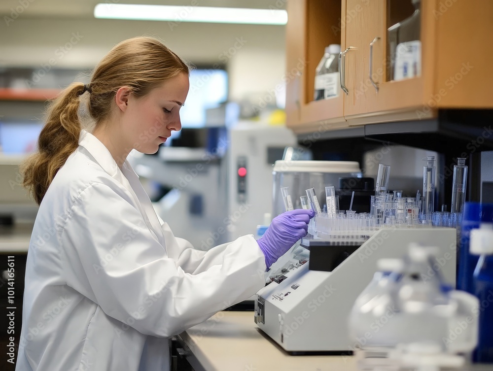 A scientist is working with a machine that has a screen and a keyboard A scientist is working with a machine that has a screen and a keyboard